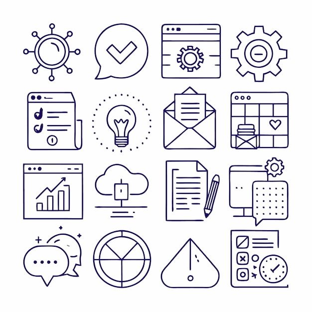 set of 16 blue line icons including check mark gear cloud document chart message clock idea