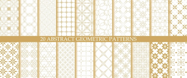 Set of 20 abstract geometric pattern with triangle lines and stripes on white background A seamless vector background Graphic modern pattern White and gold pattern
