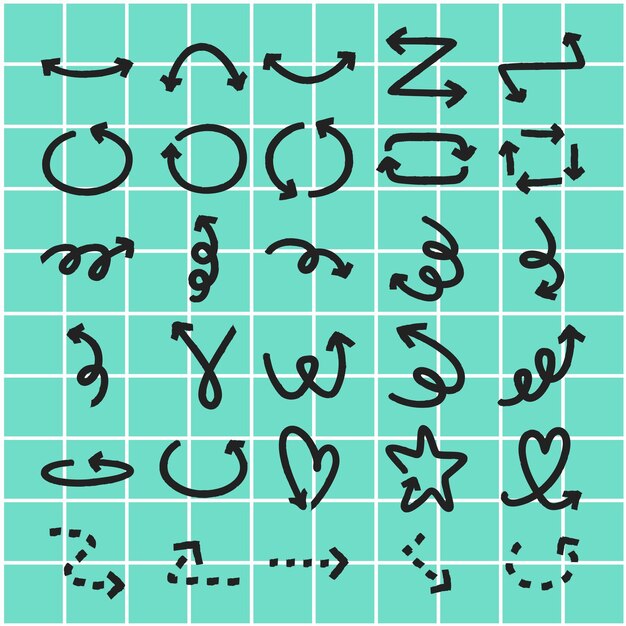 Set of 24 black handdrawn arrows on a teal grid background Includes curved zigzag and spiral arrows Perfect for design direction and navigation themes Element vector set