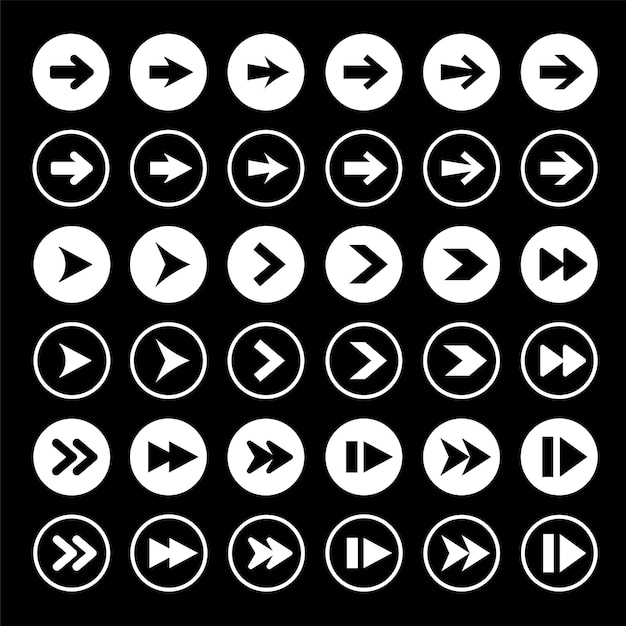 Set of 36 black and white arrow icons in circles Arrows point in various directions Includes play pause and fastforward symbols Simple and versatile design Element vector set