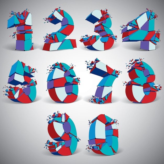 set of 3d vector blue wireframe numbers broken into different fragments, geometric polygonal numeration with lines mesh. low poly shattered typescript, perspective lattice elements.