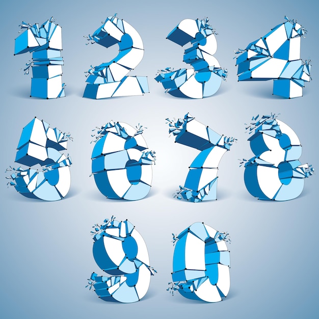 Set of 3d vector digital wireframe blue numbers from 0 to 9 broken into different particles, geometric polygonal numeration with lines mesh. Low poly shattered typescript, lattice elements.