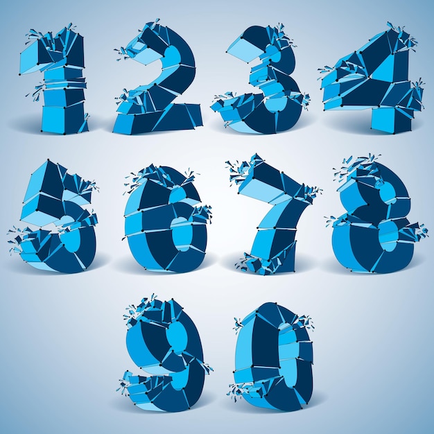 Set of 3d vector digital wireframe blue numbers from 0 to 9 broken into different particles, geometric polygonal numeration with lines mesh. Low poly shattered typescript, lattice elements.