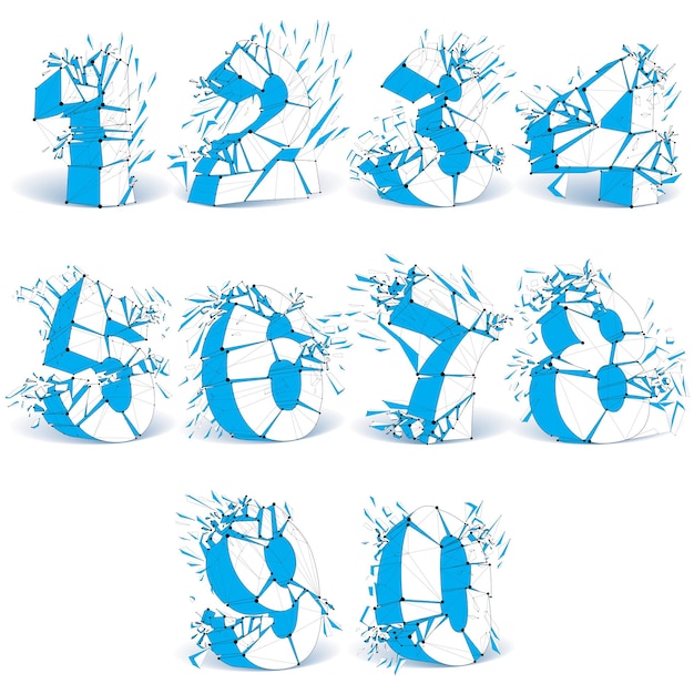Set of 3d vector digital wireframe blue numbers from 0 to 9 broken into different particles, geometric polygonal numeration with lines mesh. Low poly shattered typescript, lattice elements.