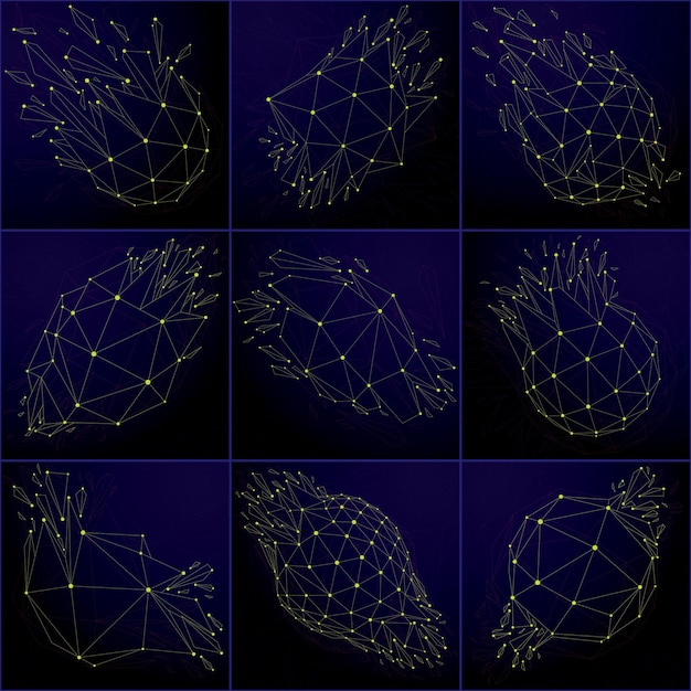 Set of 3d vector digital wireframe objects broken into different particles and refractions, polygonal structures with yellow lines mesh. Low poly shattered shapes, cyberspace lattice forms.