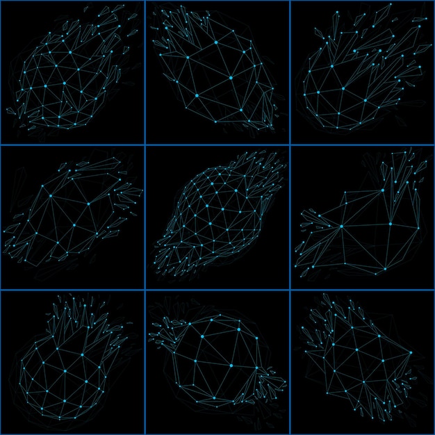 Set of 3d vector low poly objects with blue connected lines and dots, wireframe shapes with particles. Collection of perspective shattered forms. Luminescent effect, communication technology.