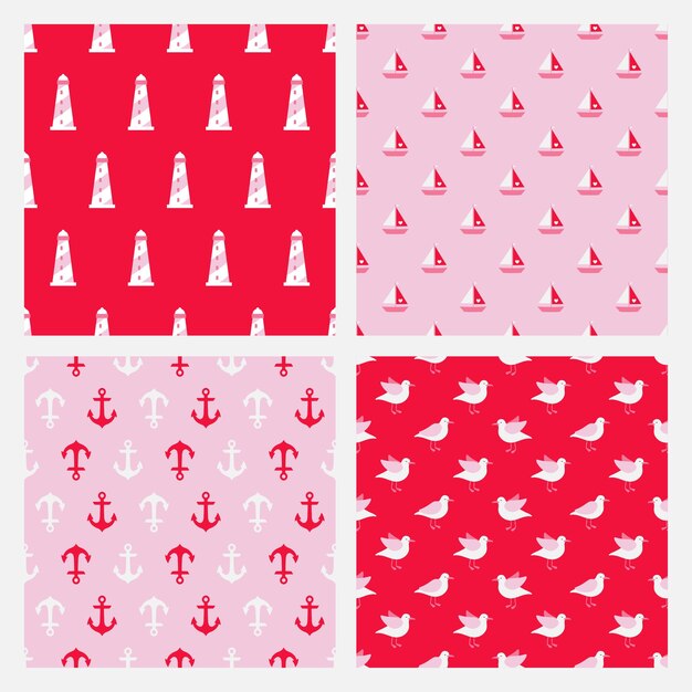 set of 4 pink seamless patterns with nautical elements