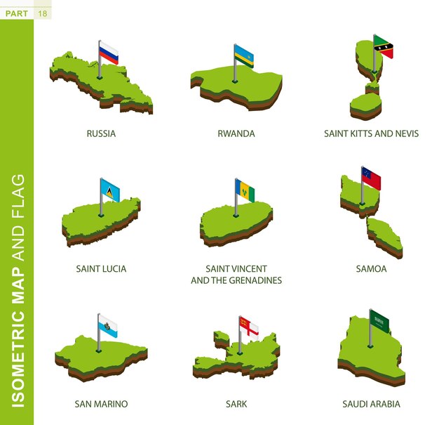 set of 9 isometric map and flag 3d vector isometric shape
