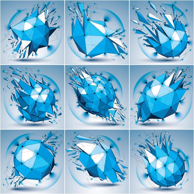 Set of abstract 3d faceted radiance blue figures with connected black lines and dots. Vector low poly shattered design elements with fragments and particles. Explosion effect, lens circles.