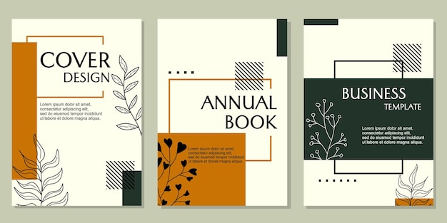 set of annual book cover templates geometric background with hand drawn leaf elements for catalogs