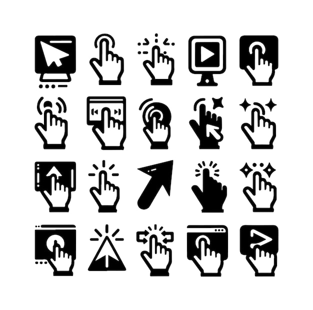 Set of arrow web cursors Set computer pointer click icon clicking arrows or hands cursors silhouette