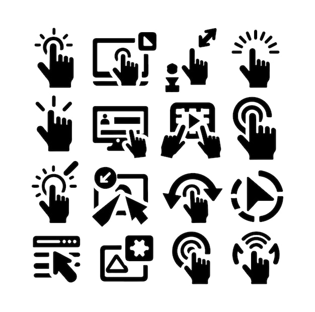 Set of arrow web cursors Set computer pointer click icon clicking arrows or hands cursors silhouette