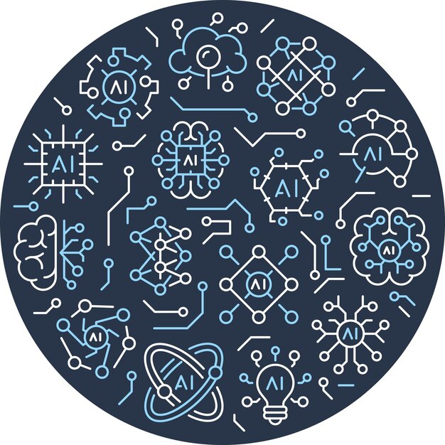 Set of artificial intelligence icons in a circular composition with a linear style Machine learning technology Neural network