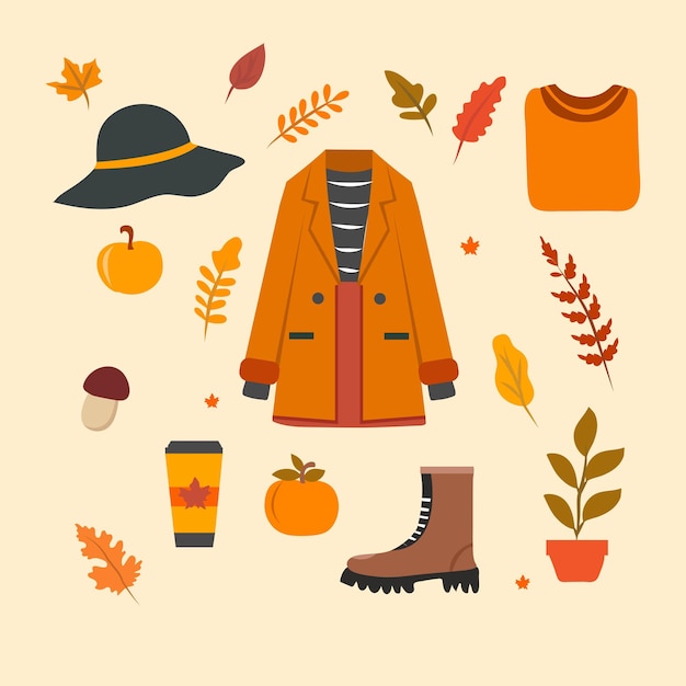 set of autumn elements accessories with a hat clothes for clipart