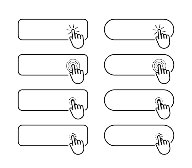Set of black and white clicking hand icons for web buttons vector illustration