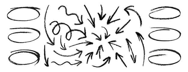 Set of black charcoal ovals and arrows strokes different forms Design elements on white backgroundRough charcoal arrows and circles Brush elements for notes and underlining in text