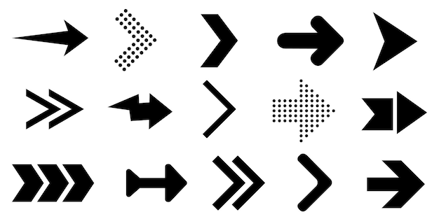 Set of black directional arrows in various geometric shapes Isolated on white background