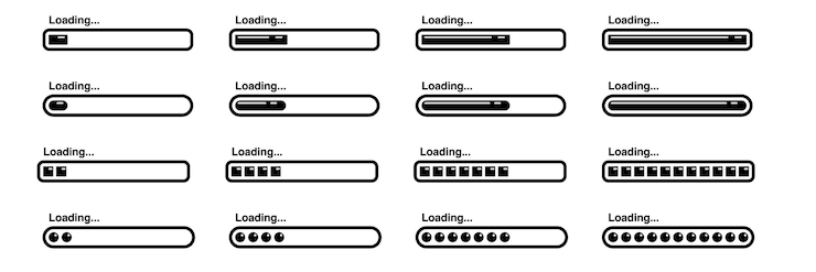 Vector set of black loading bar icons with various progress styles and shapes on white background modern minimal vector collection for web ui and digital interface design