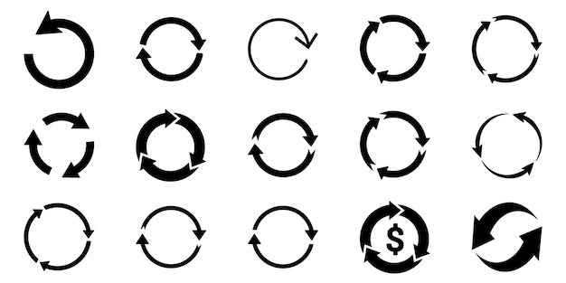 Set of Black silhouette Circular Recurring Arrows Transparent PNG Arrow Isolated White Background