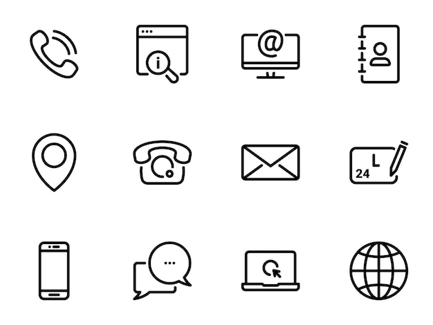 Set of black vector icons isolated against white background Illustration on a theme Contact us