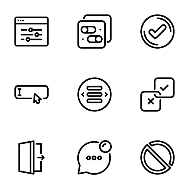Set of black vector icons isolated on white background on theme Elements of the interface buttons and pointers