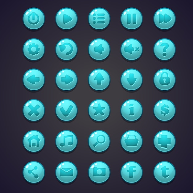 Set of blue round buttons for the user interface of computer games and web design