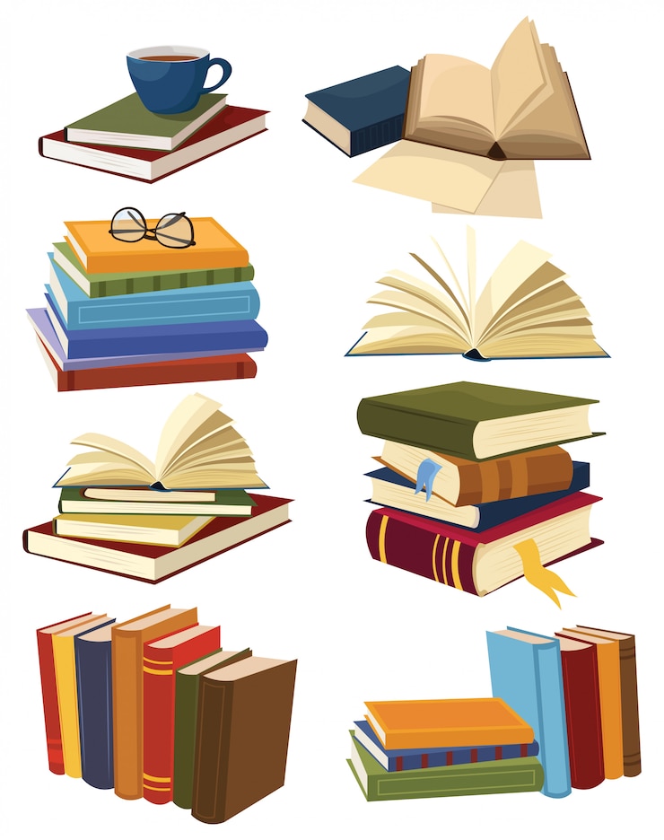 Vector set of books. collection of stacks of books.   illustration of an open book.