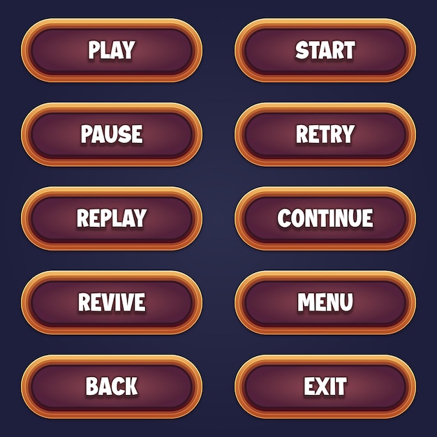 Set of brown game buttons for mobile games with editable text effect gui to build 2d games