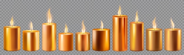 set of burning candles in different sizes in yellow and golden colors isolated on transparent background