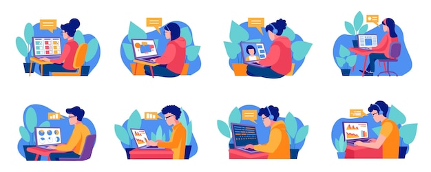 Set of business people working on laptop online digital professions in vector