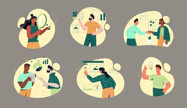Set of business scenes with male and female characters are working on grey background collection of