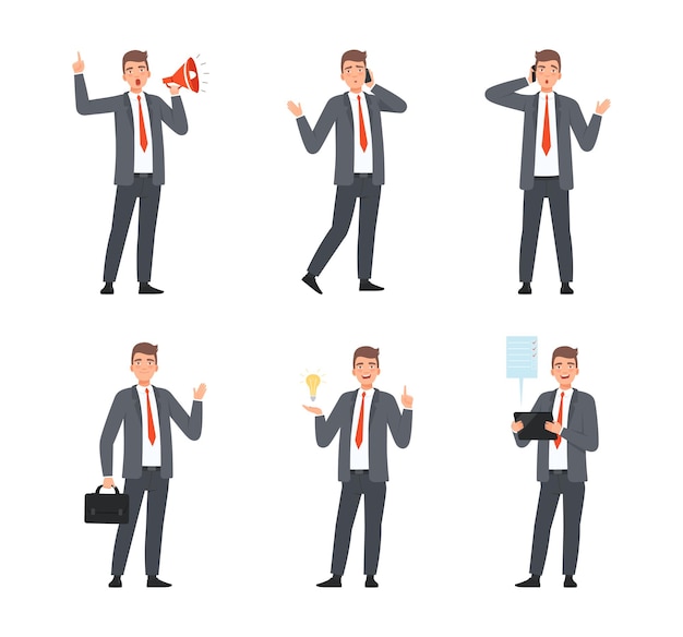 Set of businessman taking part in business activities office employee in suit brainstorming shouting