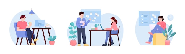 Set of cartoon characters of young people with laptops working