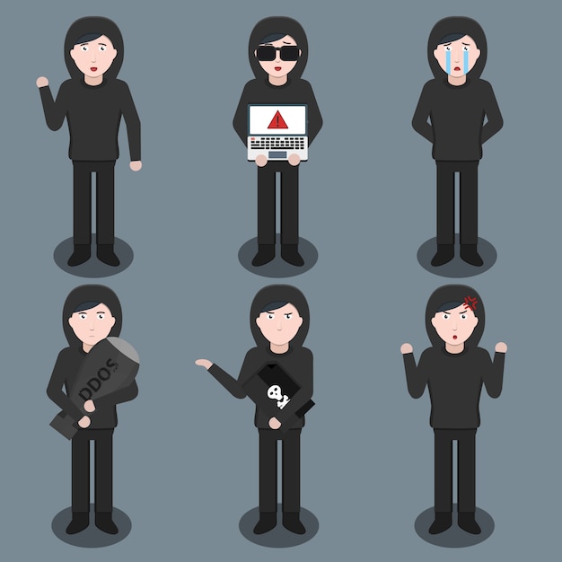  set of cartoon hacker character in various poses and emotions. Concept of internet protection, hacking and coding.