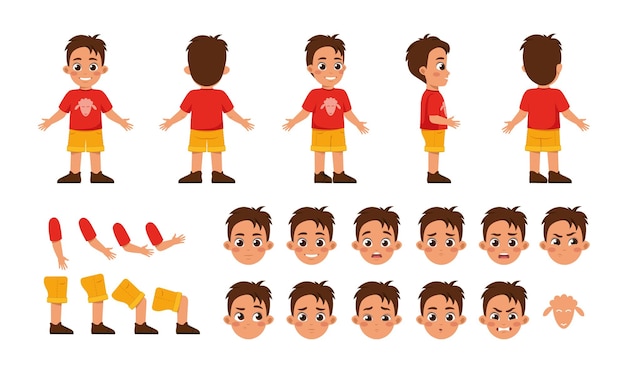 Set of character constructor for animation happy preschooler boy in casual clothes body parts in
