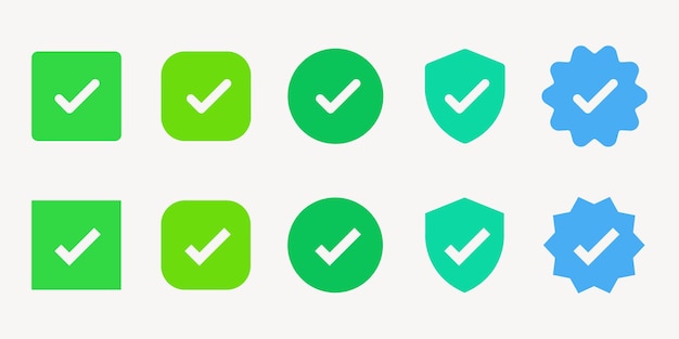 Set of checkmark icons in green and blue Includes checkmarks in squares circles shields and starburst shapes Checkmarks symbolize approval and confirmation Vector element set