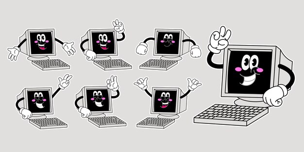 Set of Cheerful Old Computer Cartoon Character