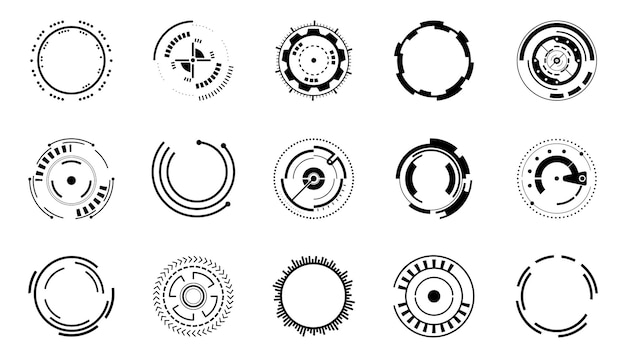 Set of circle futuristic interface technology hud icons Sci fi black circle user interface elements HUD round frames and borders aim control and digital interface