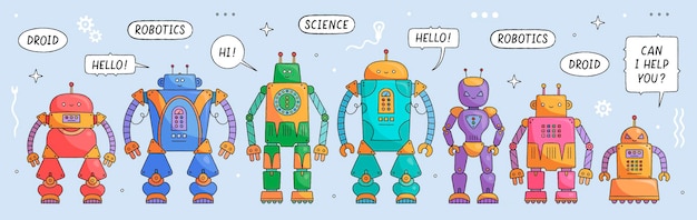 Set of colorful cute kids robots and droids isolated on background