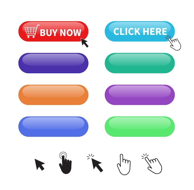 Set of colorful glossy button Blank button for website and mobile apps Mouse click cursor