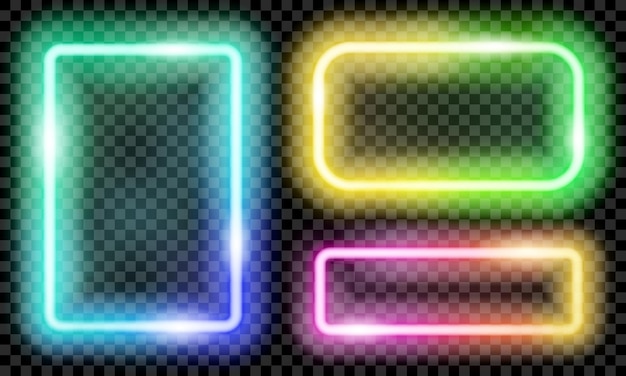 Set of colorful translucent neon frames on transparent background. Transparency only in vector format