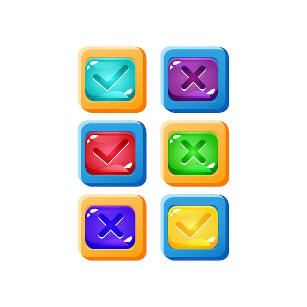 Set of colorful yes and no check marks jelly game ui button with funny border  