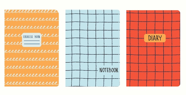 Set of cover page templates based on grid seamless patterns spiral lines Plaid backgrounds for school notebooks diaries Headers isolated and replaceable