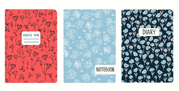 Set of cover page templates based on patterns with anemone other flowers inflorescences in Ditzy style Backgrounds for notebooks notepads diaries Headers isolated and replaceable