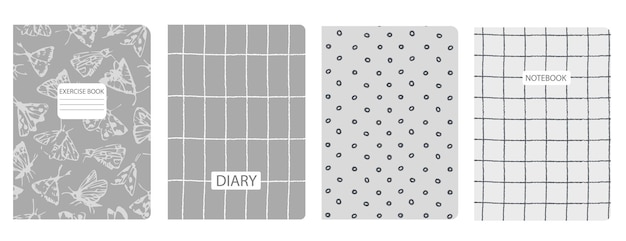 set of cover page templates with butterflies moths plaid circles headers isolated