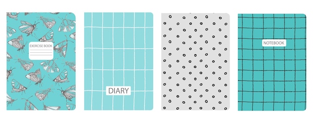 set of cover page templates with butterflies moths plaid circles headers isolated