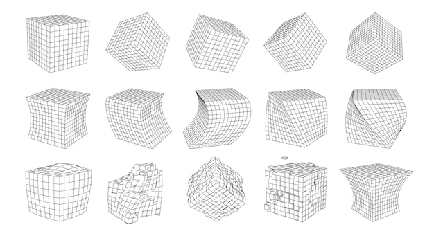 set of cubes from wireframe mesh collection of cubes for use in hud design network line concept creative abstract geometric shapes vector illustration