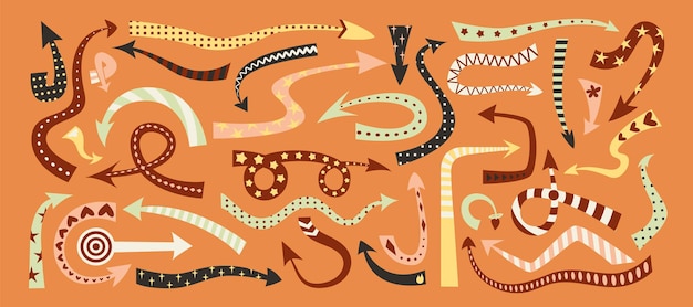 Set of curved color arrows with pattern in boho pop art style flat isolated vector