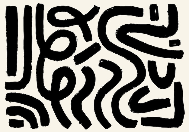 Set of curvy textured black stripe brush Black background with loop and handdrawn line
