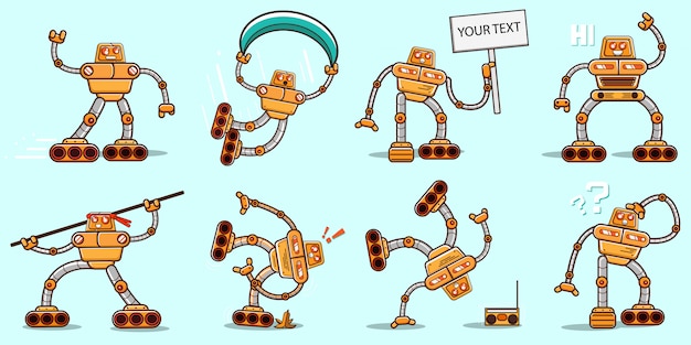 Set of cute flat yellow robots